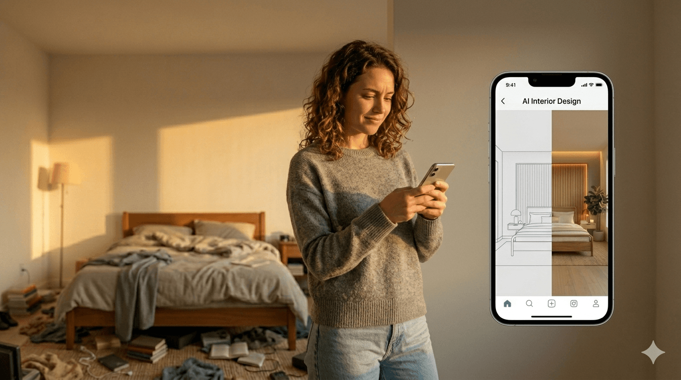 Person using AI bedroom design on smartphone
