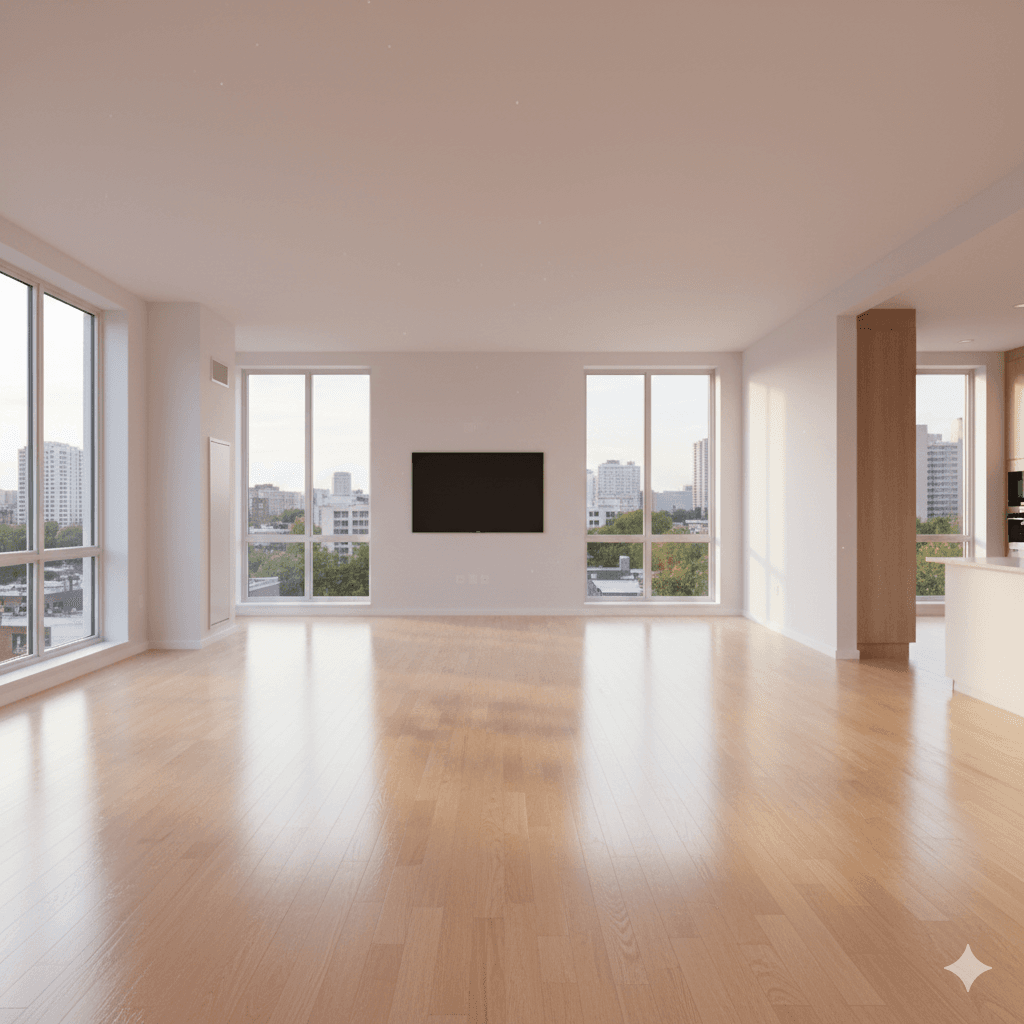 Virtual staging of empty US condo living room using AI interior design