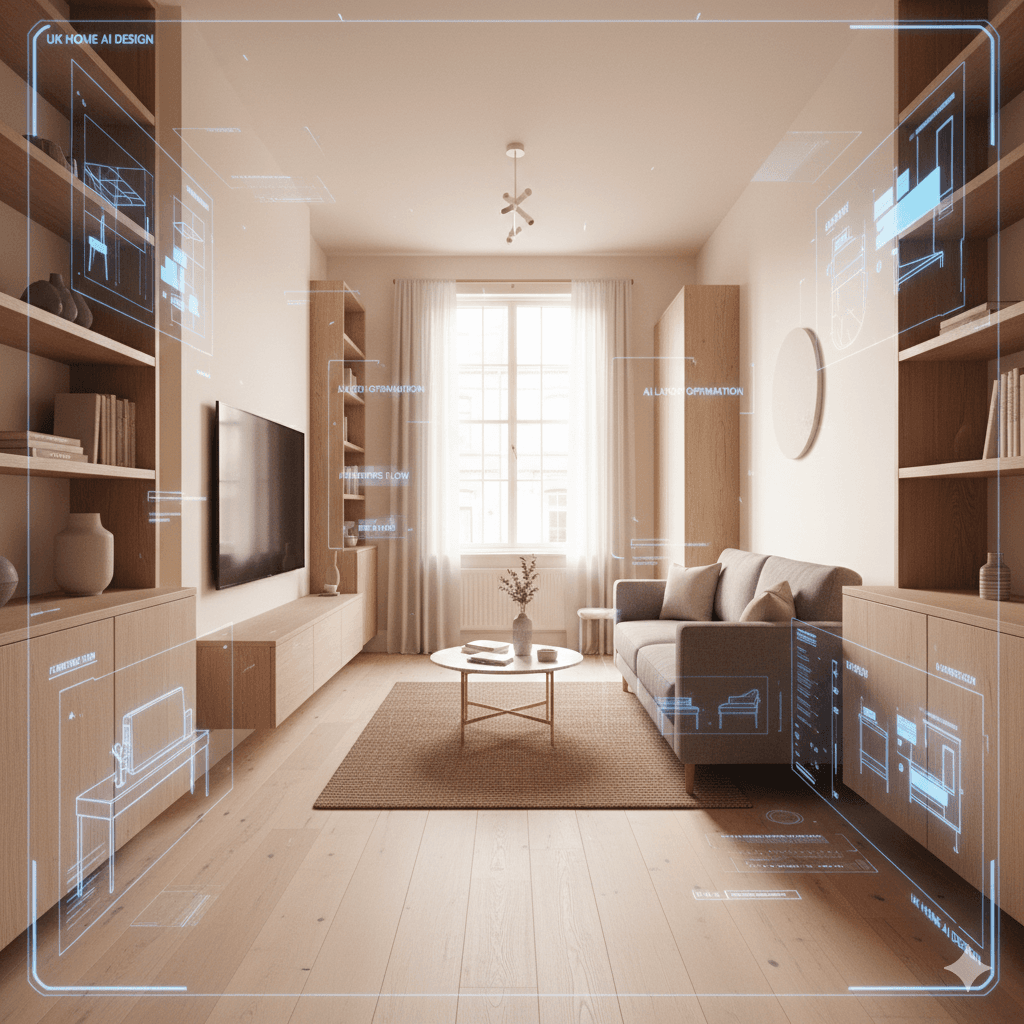 A narrow British terraced house living room with a modern, space-efficient interior design using AI virtual design overlays