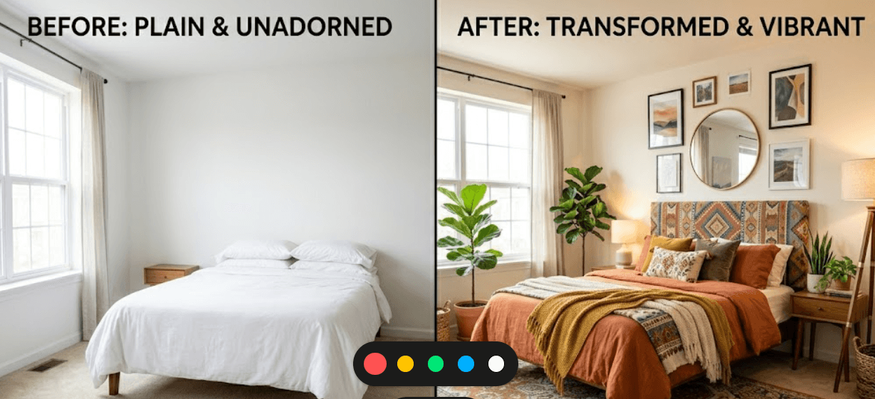 Before and after bedroom showing transformation from plain space to cozy and personalized