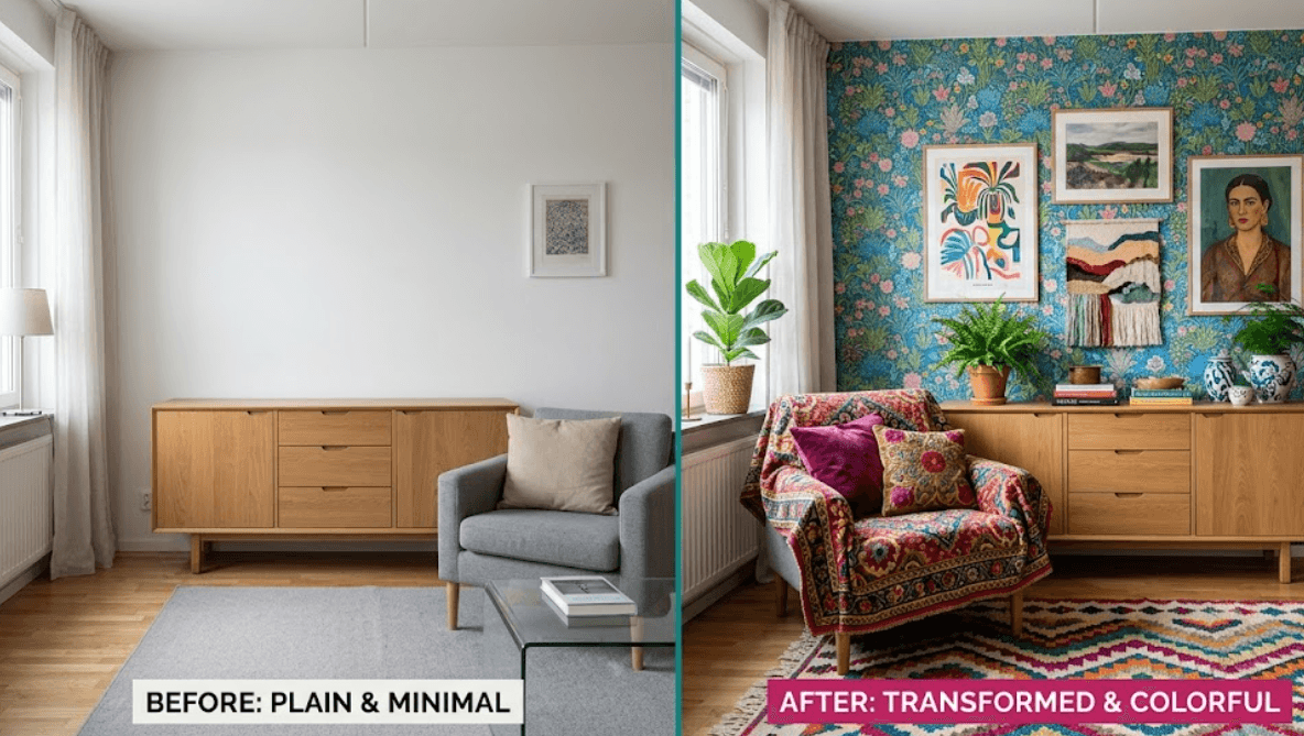 Before and after rental apartment showing transformation from plain white space to colorful design
