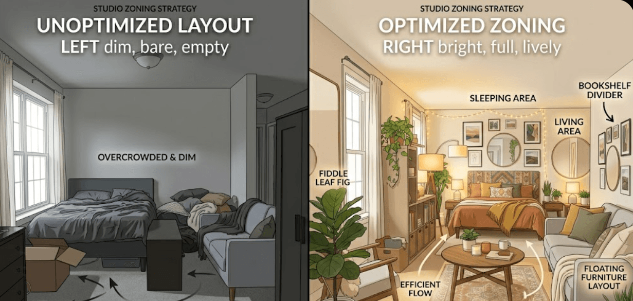 Diagram showing how to divide a studio apartment into separate zones using furniture