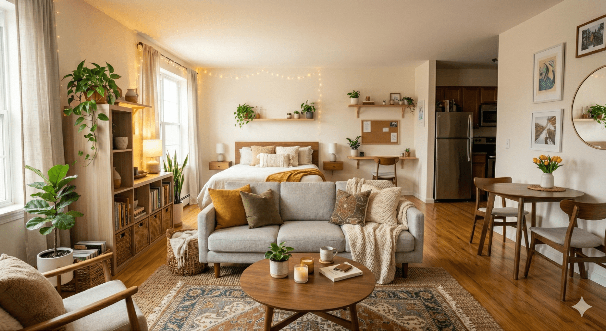 Sofa used as room divider in a studio apartment to separate living and sleeping zones