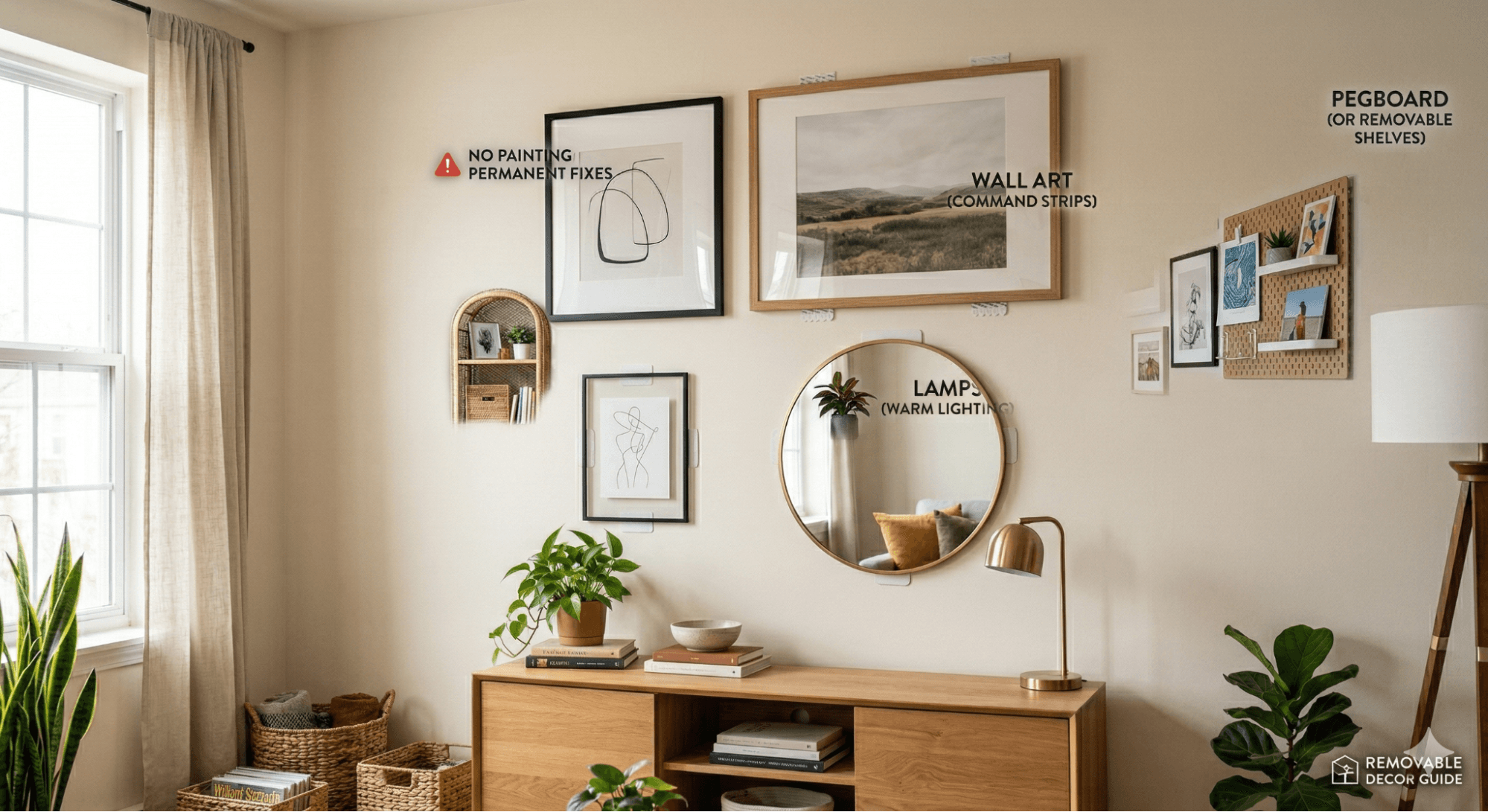 Wall decor hung using damage-free adhesive strips in a rental apartment