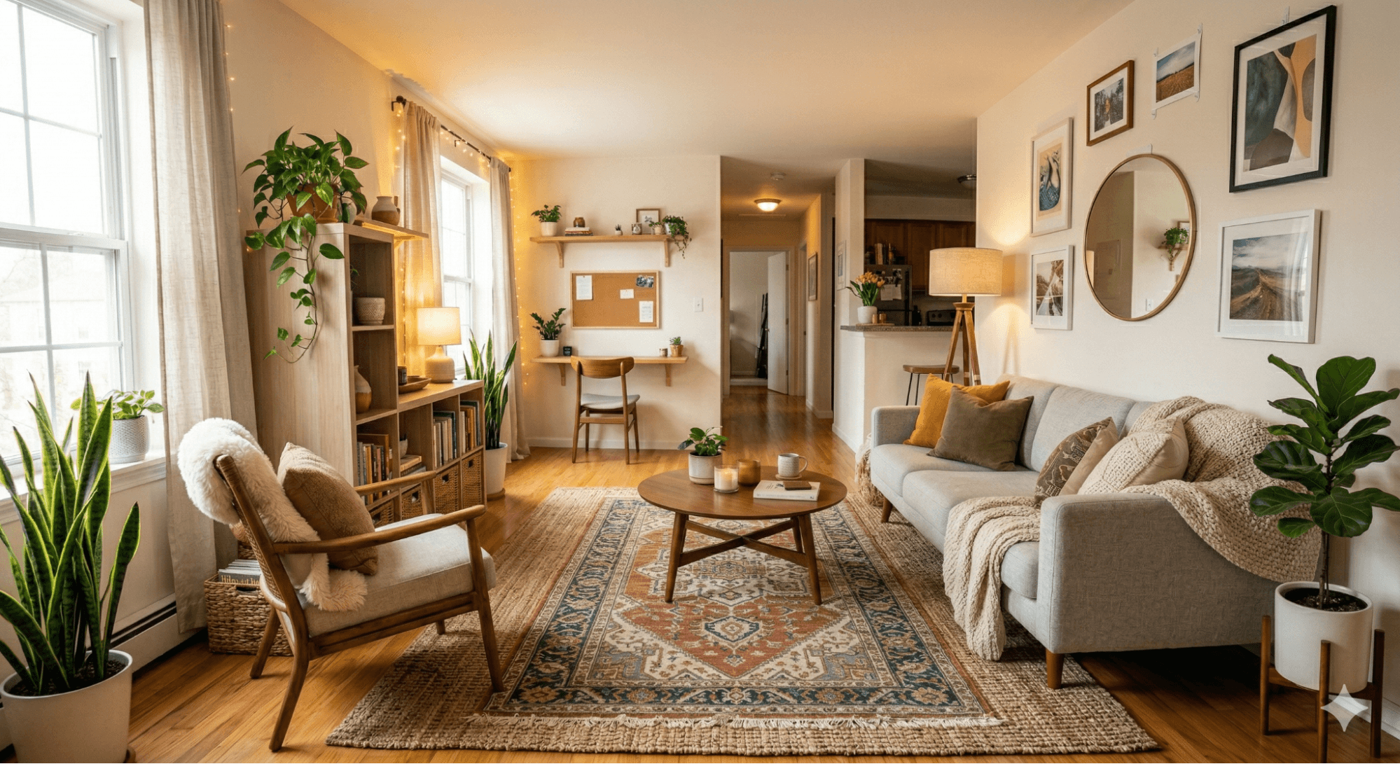 Layered rugs in a small apartment creating defined zones and adding color and texture