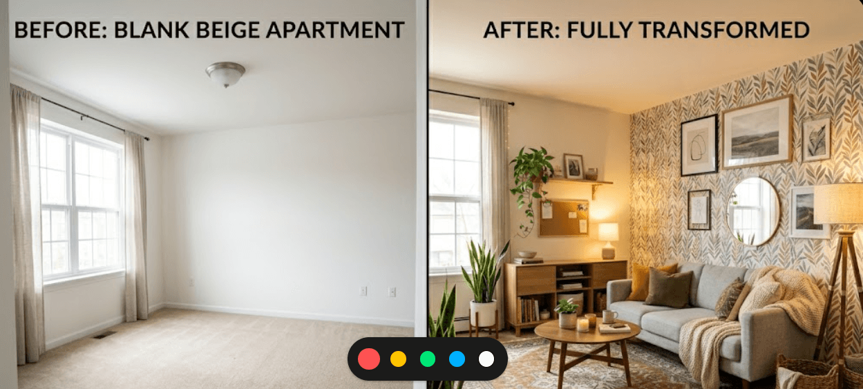 Before and after blank apartment showing transformation into a warm and decorated home