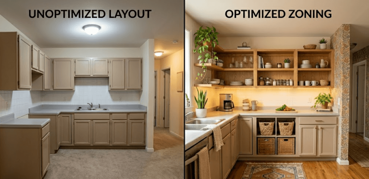 Before and after kitchen showing transformation from plain apartment kitchen to styled space