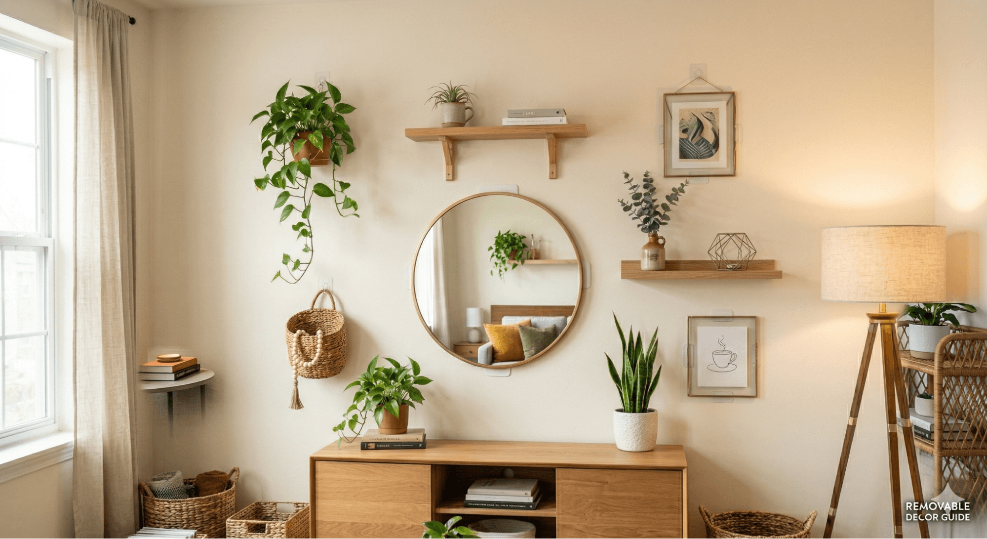 Removable hooks and shelves used for plants and decor in a renter-friendly apartment