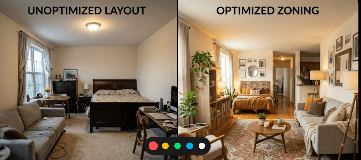 Before and after studio apartment showing cluttered layout transformed into organized zones