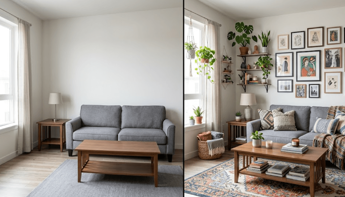 Before and after first apartment showing transformation from empty space to full home design