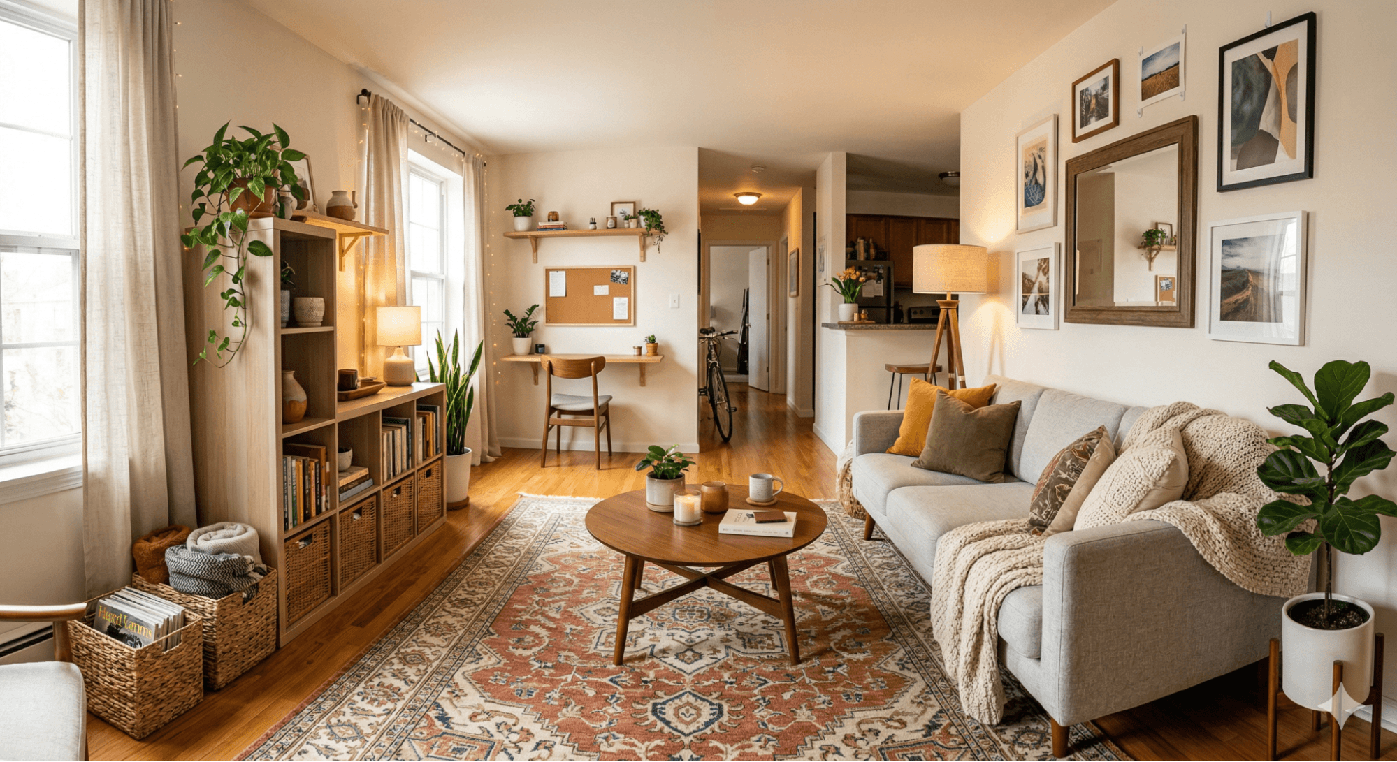 Rental apartment with furniture, textiles, wall decor, plants, and lighting showing renter-friendly changes