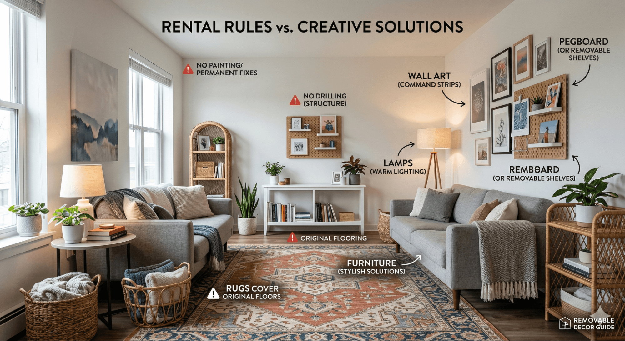 Rental apartment showing design limitations with renter-friendly alternatives listed