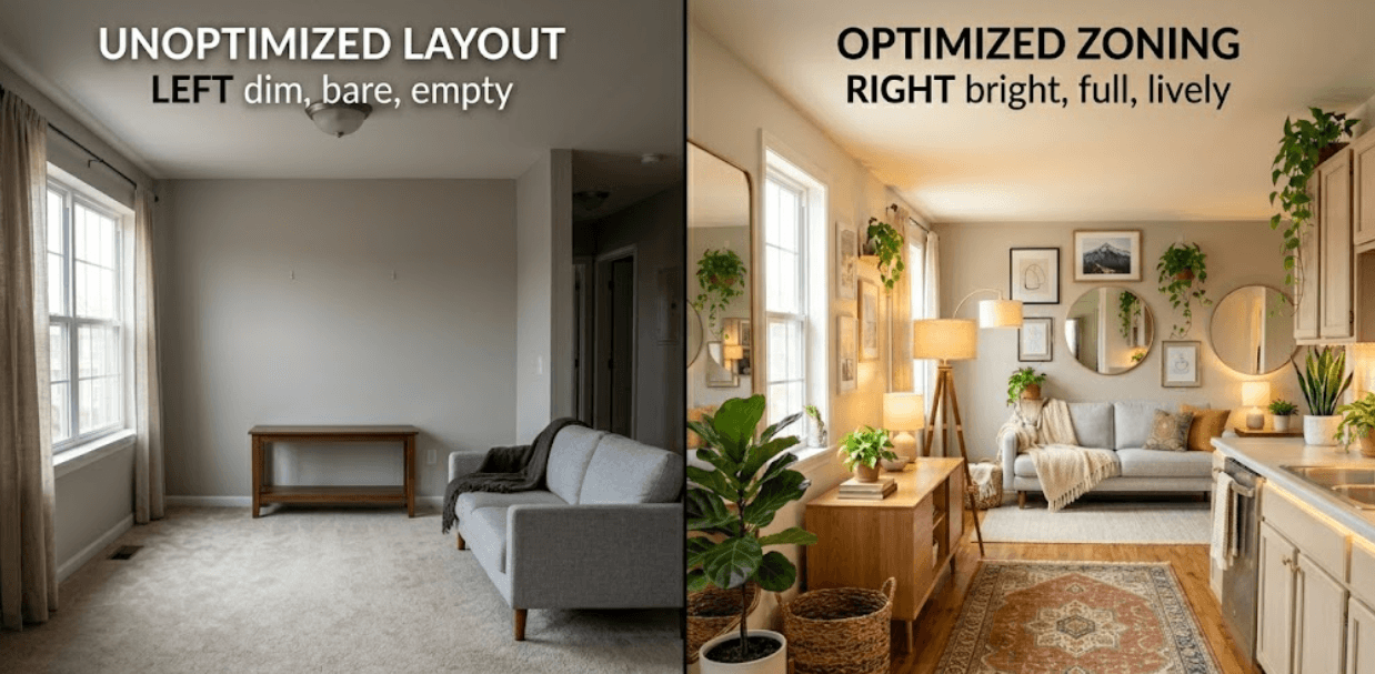 Before and after apartment showing transformation from empty space to fully decorated home