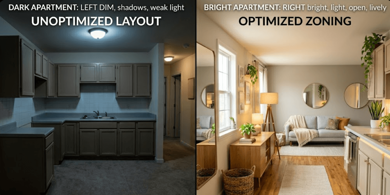 Before and after apartment showing dark space transformed into a bright and open environment