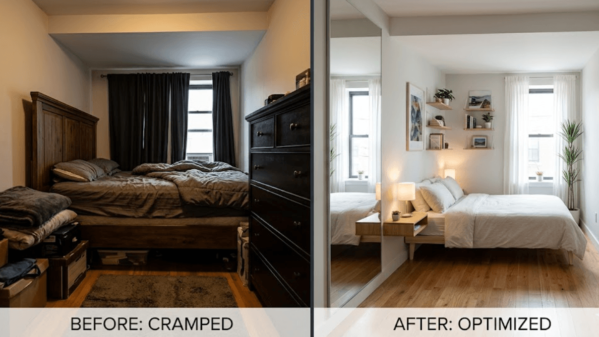 Before and after small bedroom showing cramped layout transformed into spacious and stylish design