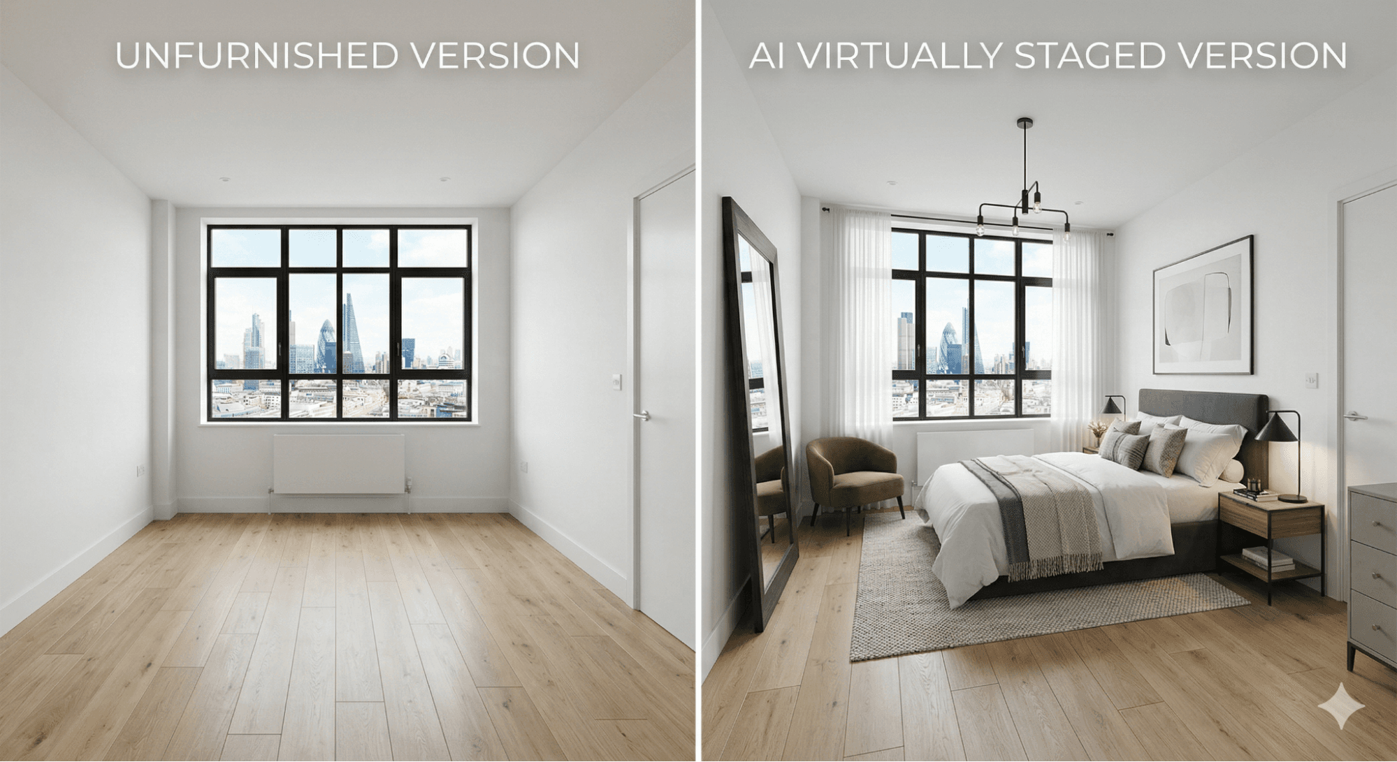 AI staging results across different room types and design styles