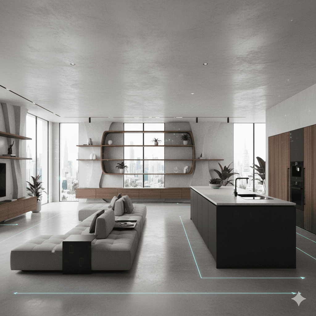 AI interior design visualization of a modern open-plan living room and kitchen, showcasing virtual interior design, AI decor, furniture layout, and smart space planning