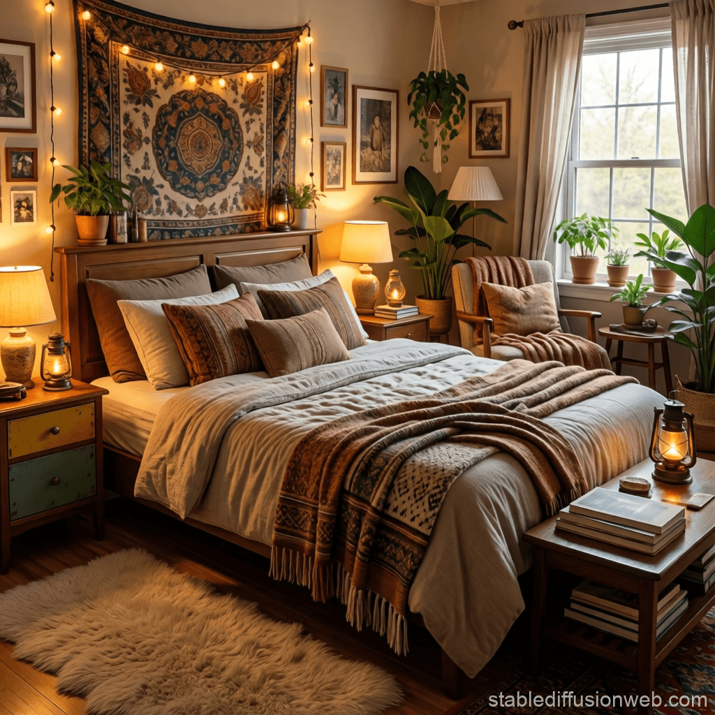 boho bedroom with layered bedding, warm lighting, plants, and personal decor