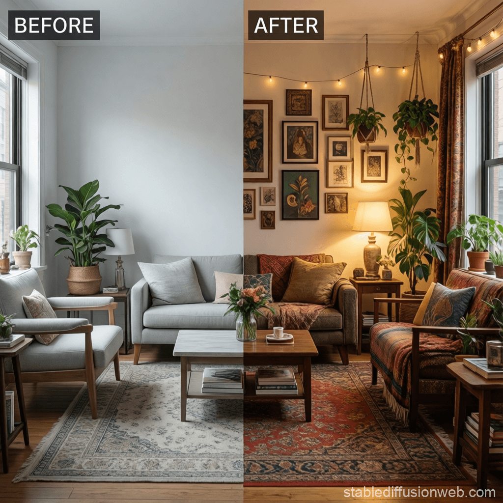 before and after boho transformation of minimalist apartment with warm lighting and layered decor