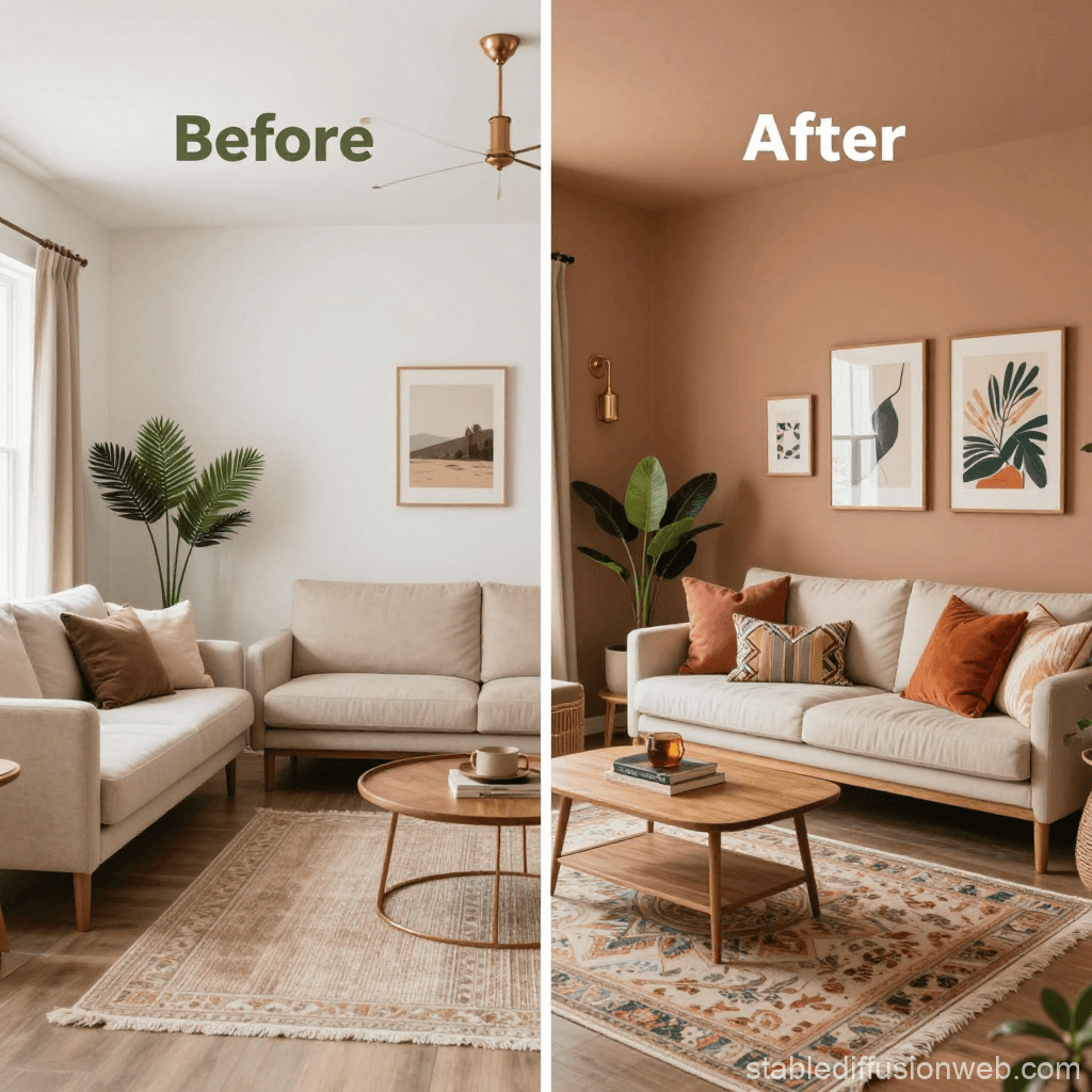 traditional living room transformed into eclectic boho space with warm tones, rugs, and plants
