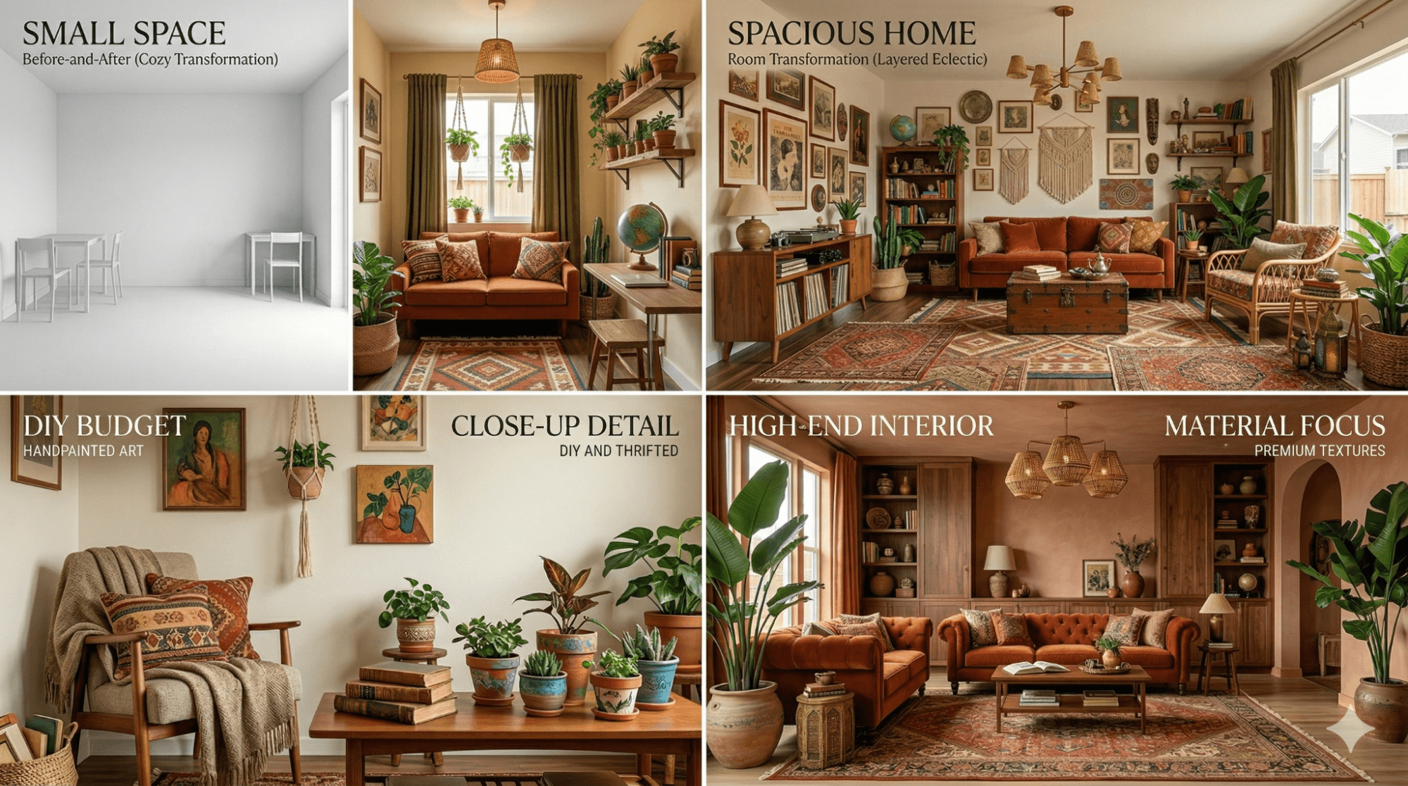 boho interior design transformations collage showing small apartment, budget, and luxury spaces
