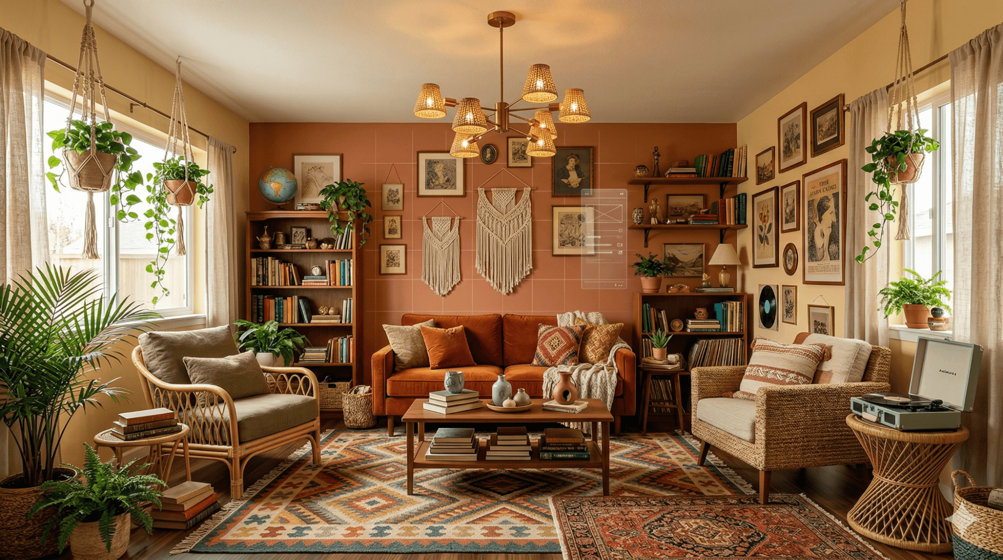 Boho interior living room with layered textures, plants, warm earthy tones, and cozy eclectic decor visualized using AI design tools