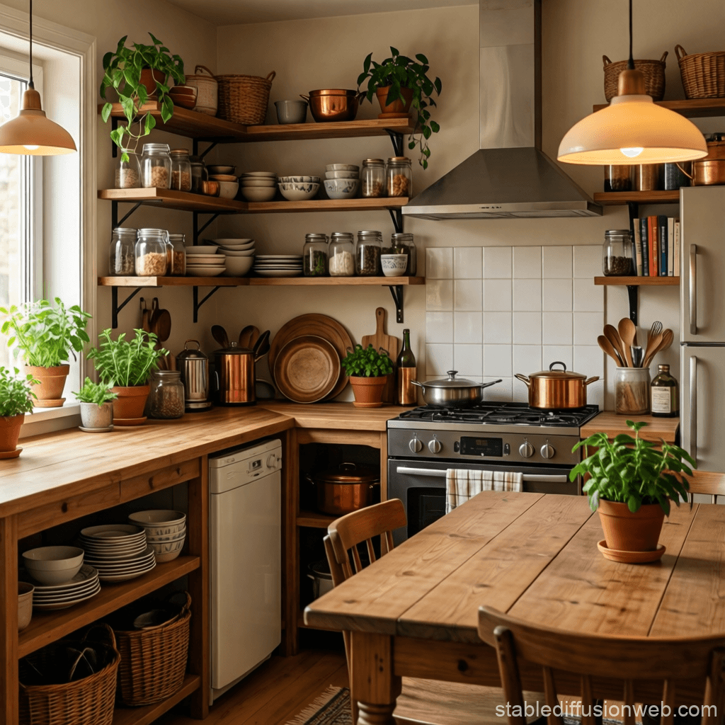 boho kitchen with open shelving, wooden countertops, plants, and warm lighting