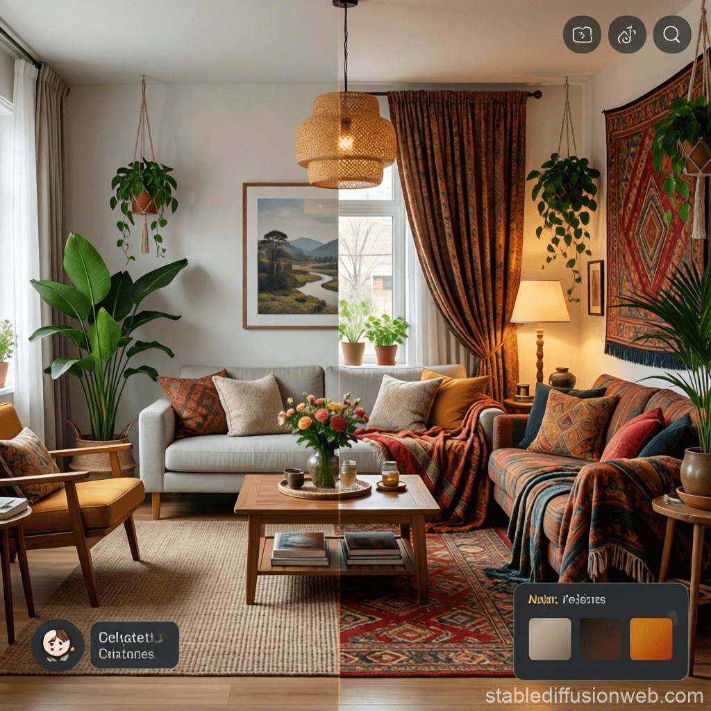 boho living room with layered textiles, low seating, plants, and warm lighting