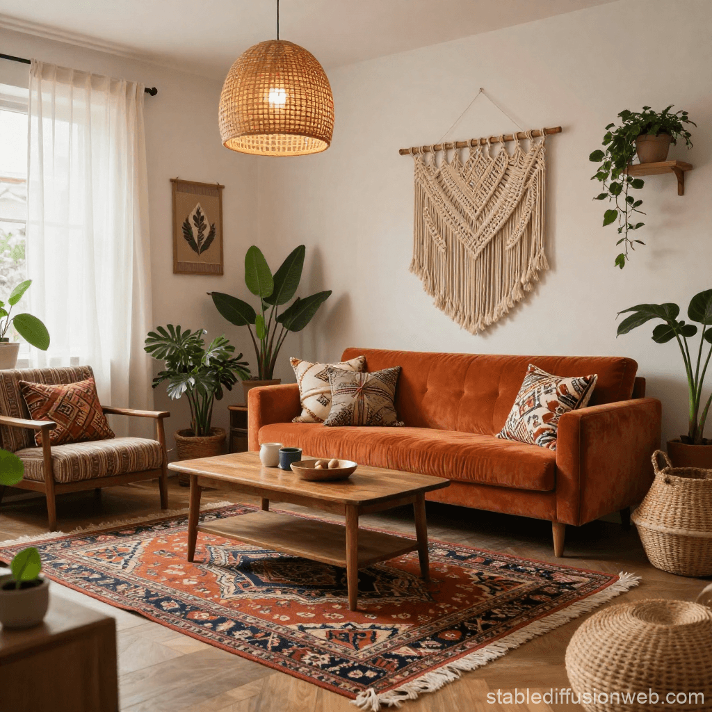 bohemian interior design living room with layered textures, vintage furniture, and indoor plants