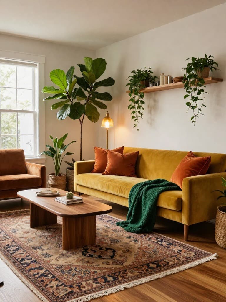 The Sophisticated Boho living room with warm colors and eclectic decor