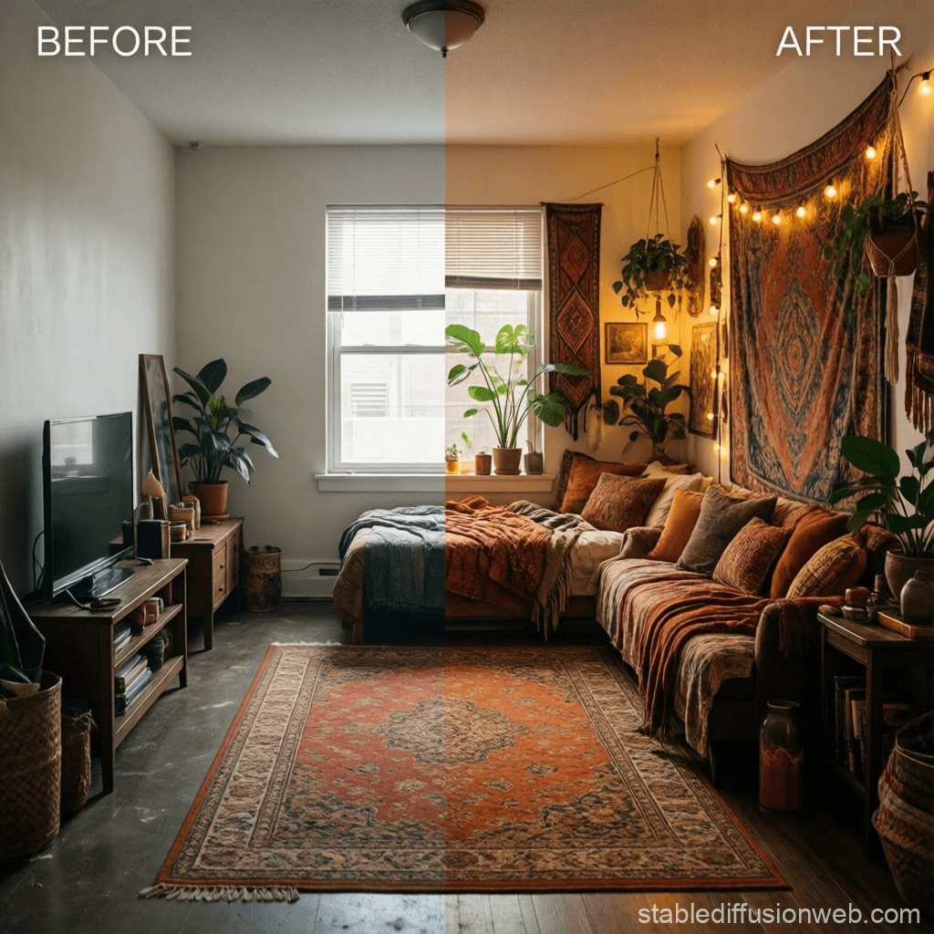 renter studio transformed into cozy boho space with tapestry, plants, and warm lighting