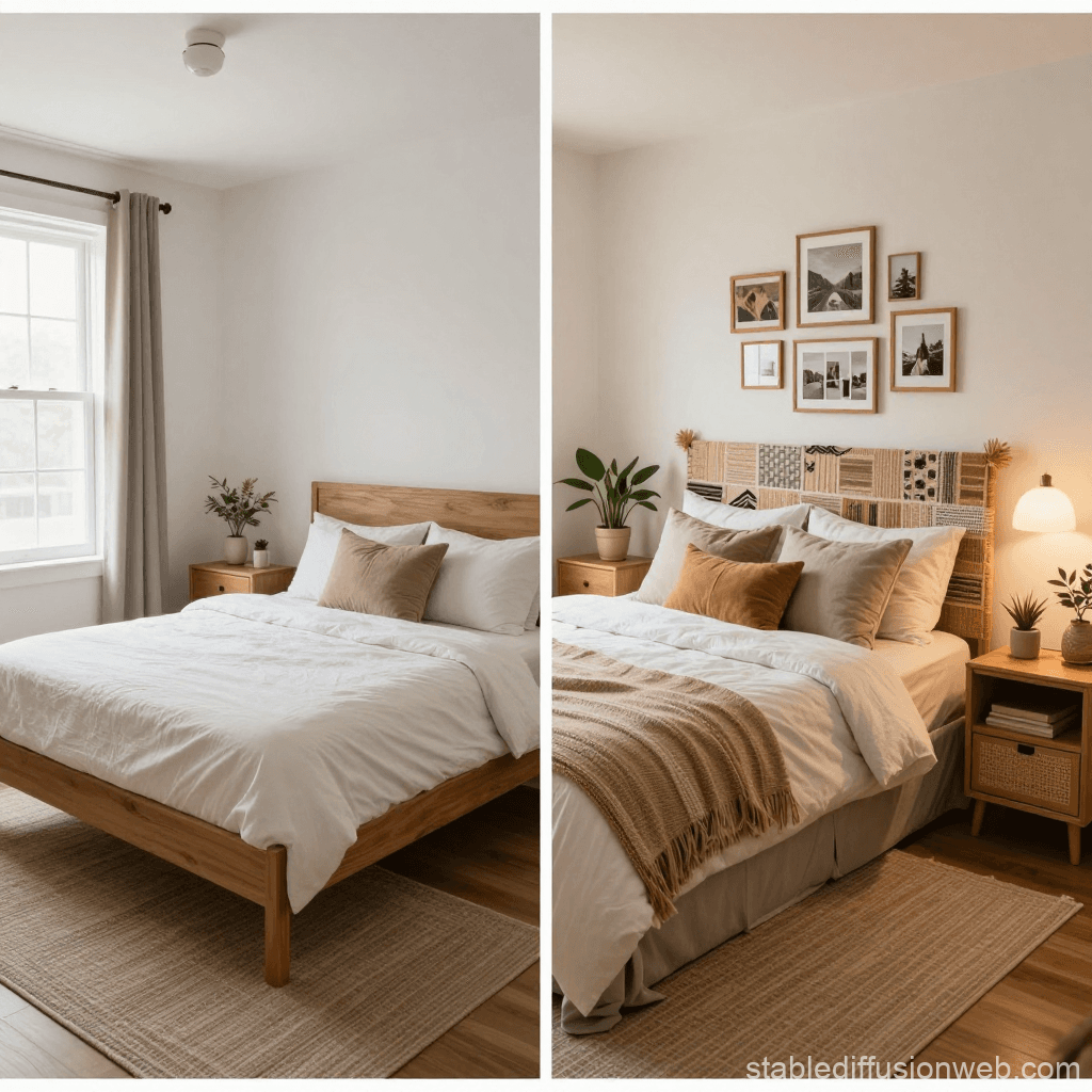 budget boho bedroom makeover with layered bedding, thrifted furniture, and warm lighting