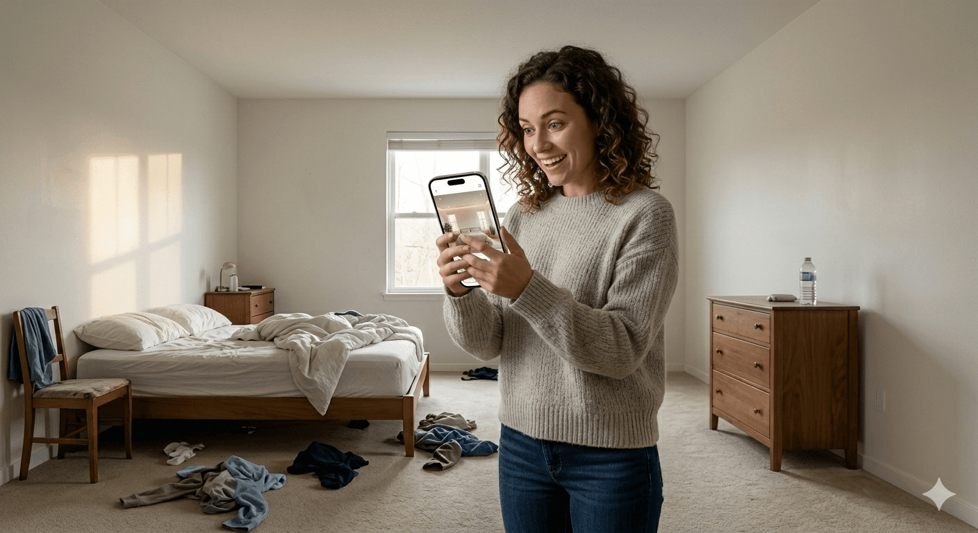 Person using AI room design on smartphone