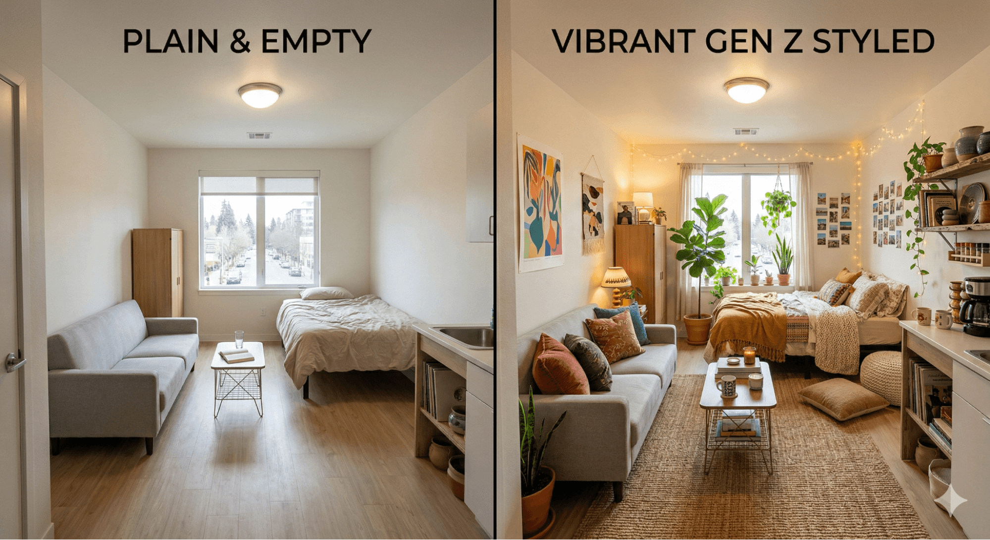 Before and after studio apartment showing empty space transformed into a colorful curated home