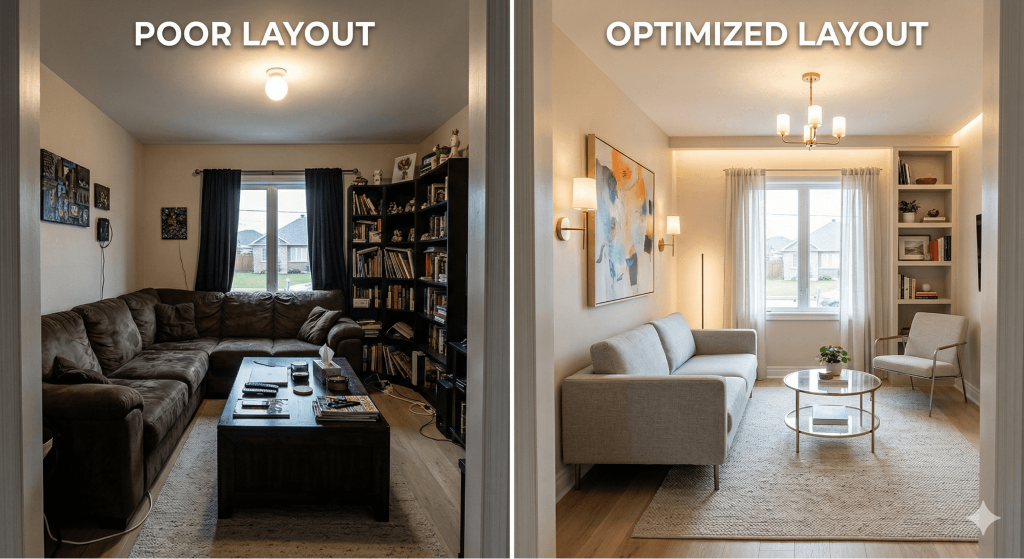 Comparison of small living room showing poor layout versus optimized design