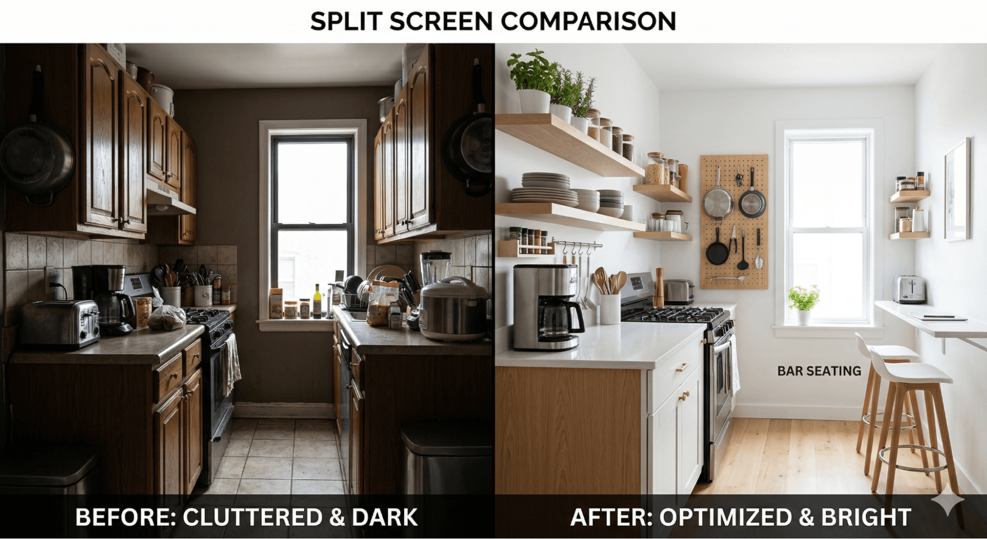 Comparison of small kitchen showing cluttered layout versus optimized design