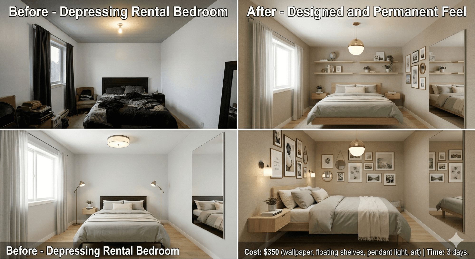 rental bedroom transformation with removable wallpaper, floating bed, and pendant lighting