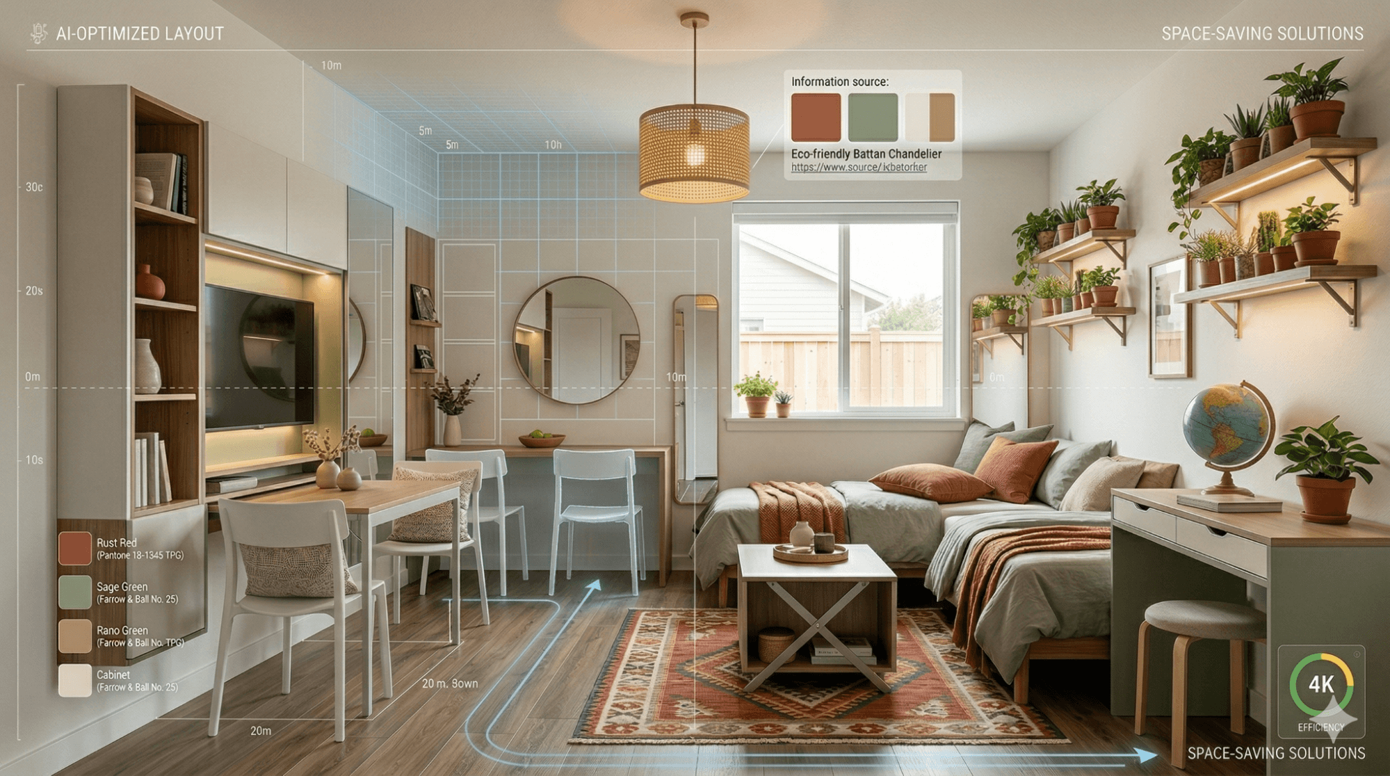 AI-designed small apartment showing optimized furniture layout, mirrors, and lighting