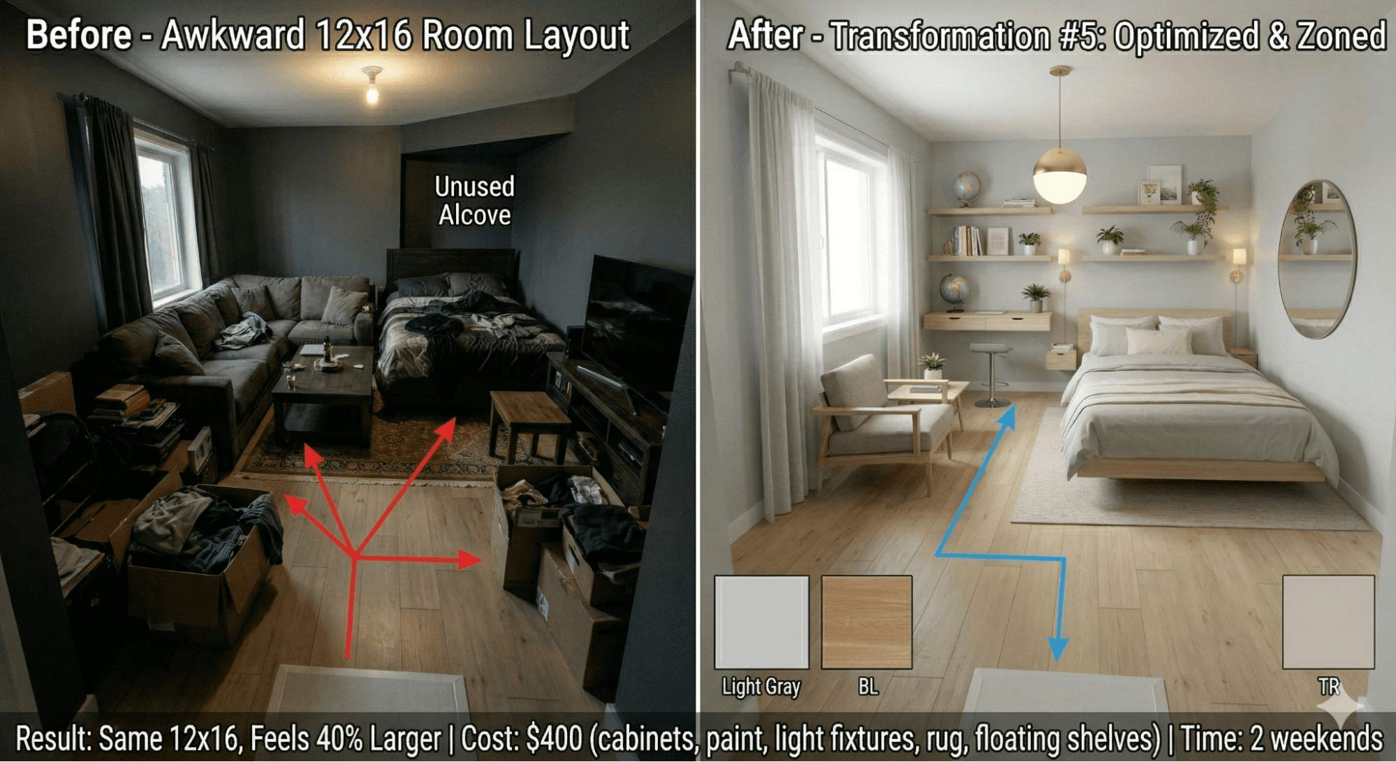 Before and after awkward room layout showing unused alcove versus smart space zoning