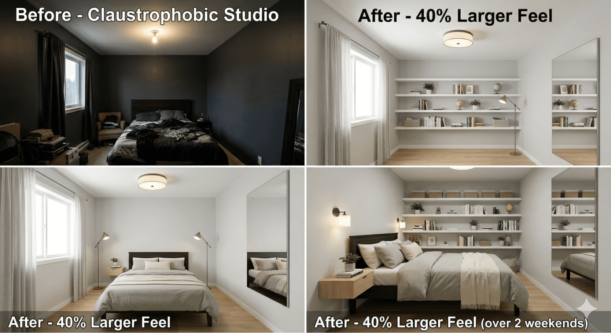 200 sq ft studio transformation showing optimized bed placement, layered lighting, and storage