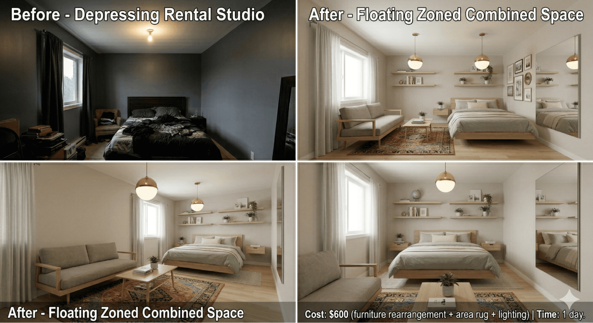 combined living and sleeping small room transformed with floating furniture and area rug