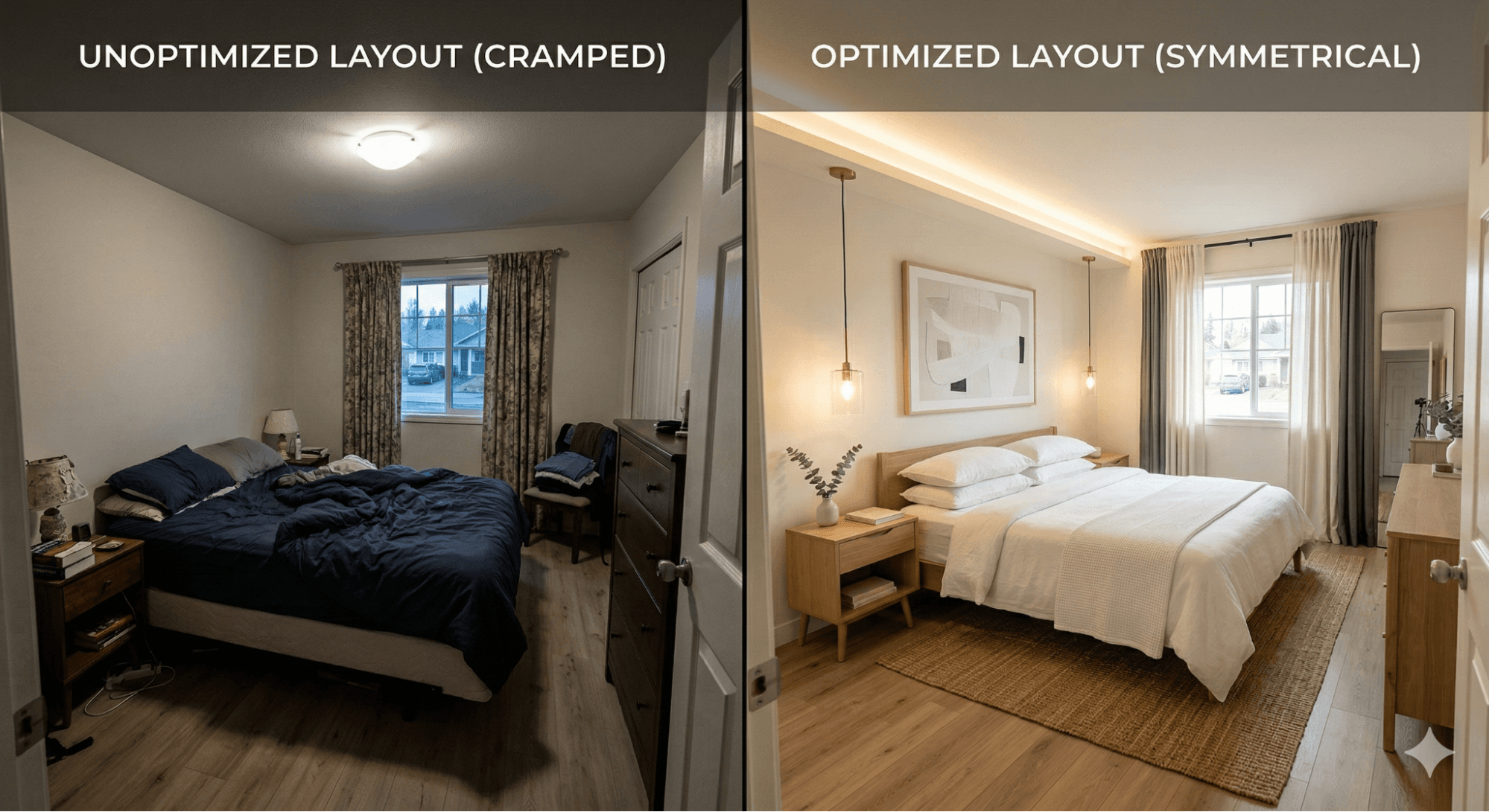 Before and after couple bedroom showing cramped layout versus balanced design with personal zones