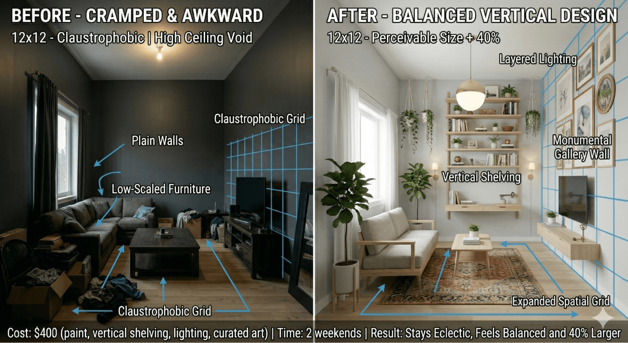 Before and after high ceiling small room showing lack of vertical design versus tall shelving