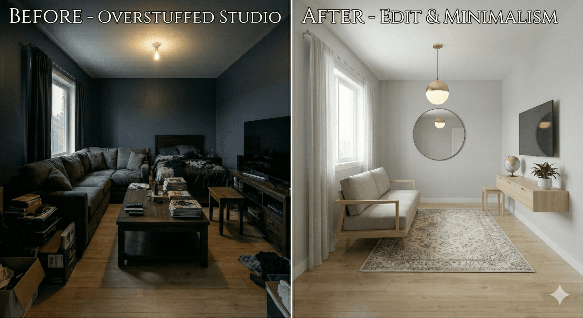 Modern minimalist studio apartment makeover with smart furniture layout