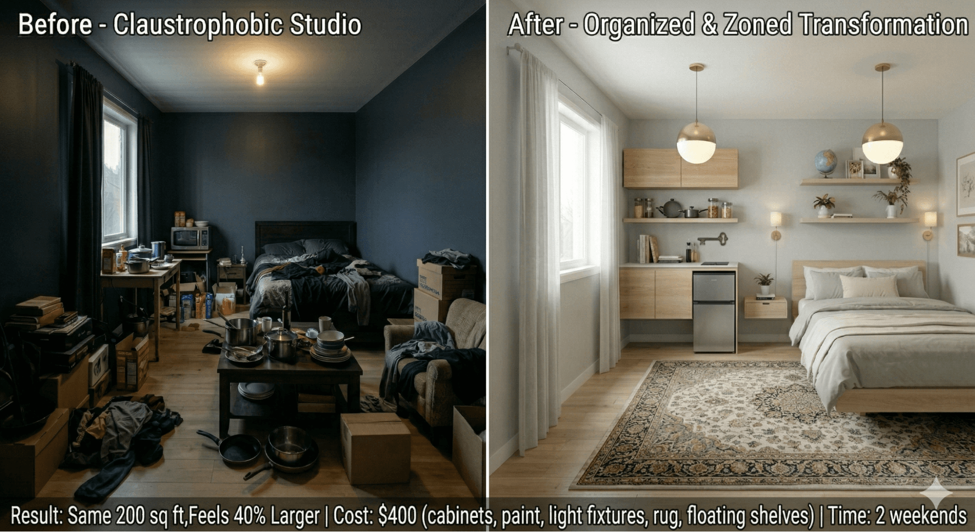 Before and after small kitchen bedroom showing cluttered space versus organized layout