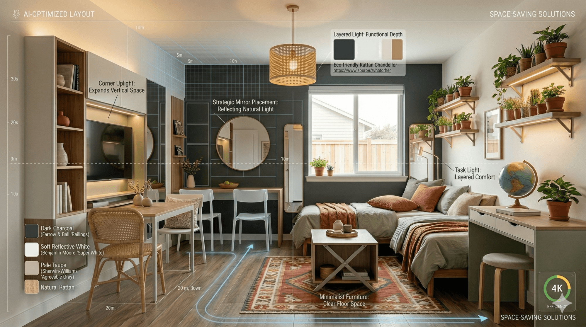 small apartment using light colors, dark accents, mirrors, and layered lighting
