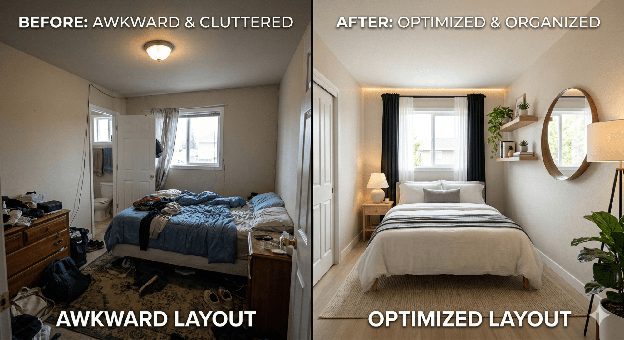 Before and after small bedroom showing awkward bathroom door layout versus optimized design