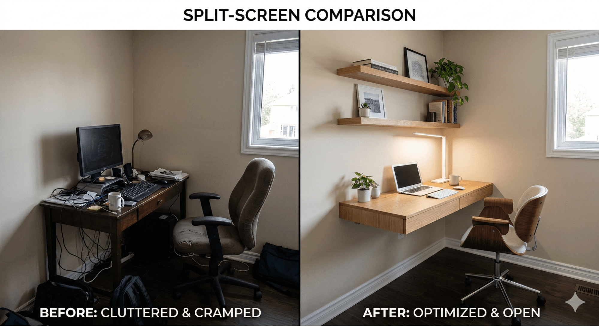Comparison of small home office showing cluttered corner setup versus organized floating desk