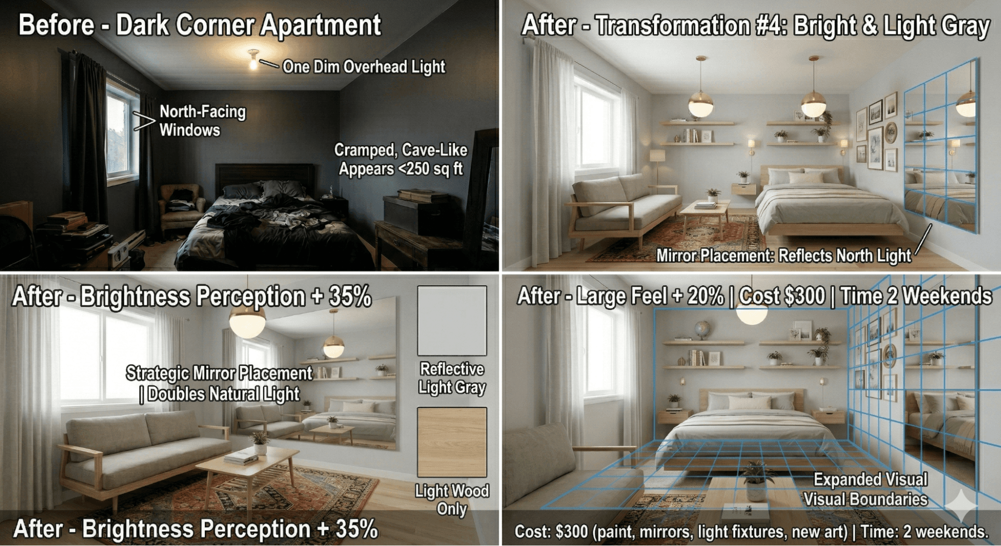 dark north-facing apartment transformed with light gray walls, mirrors, and layered lighting