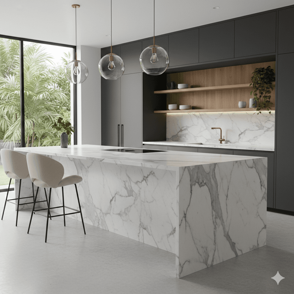 Marble-wrapped island kitchen